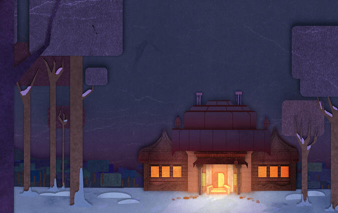 Nutcracker house opening shot in traditional eastern european farm manor house, and in wycinanki cut paper style